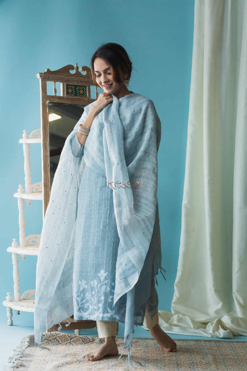 Image for Kusvaa Nekurta02 Submarine Blue Linen Kurta Dupatta Set Look