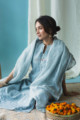Image for Kusvaa Nekurta02 Submarine Blue Linen Kurta Dupatta Set Sitting