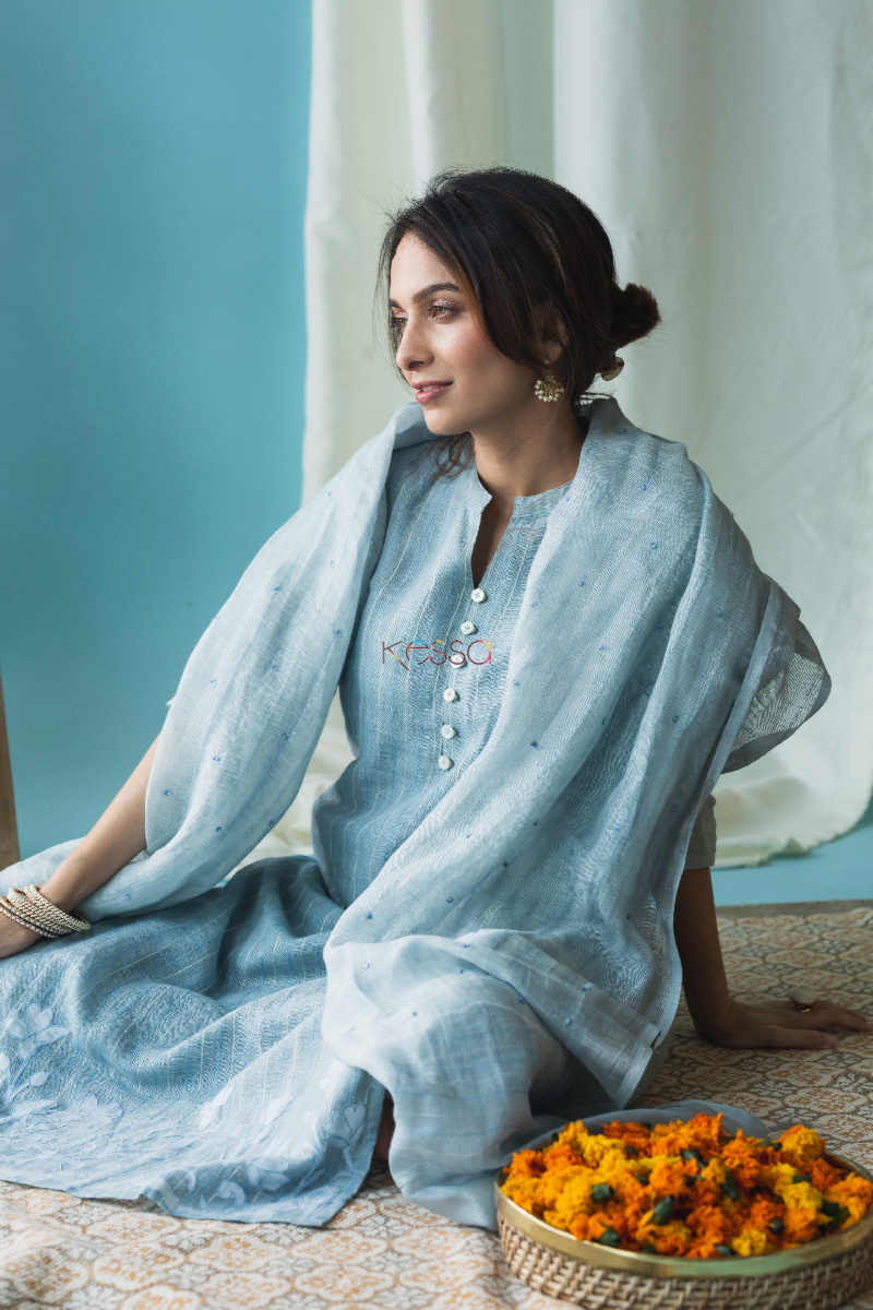 Image for Kusvaa Nekurta02 Submarine Blue Linen Kurta Dupatta Set Sitting