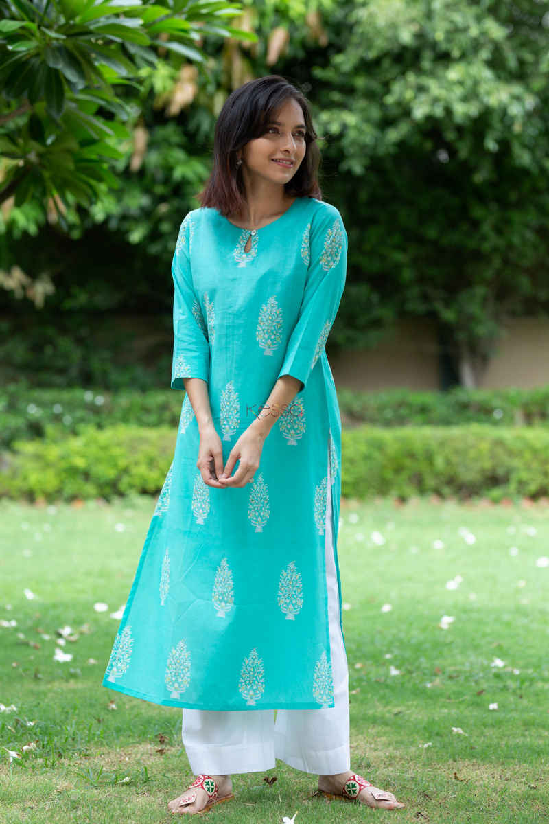 Image for Kusvaa Taf32 Picton Blue Regular Wear Kurta Front