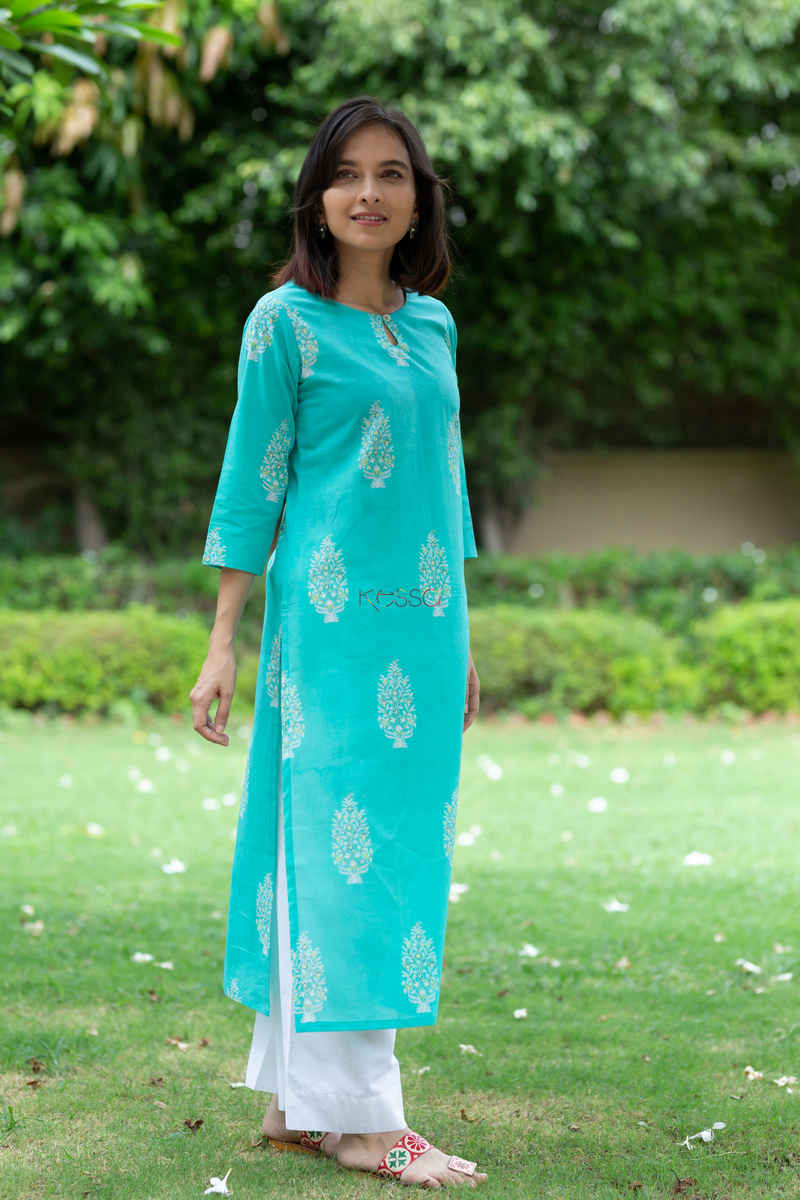 Image for Kusvaa Taf32 Picton Blue Regular Wear Kurta Side