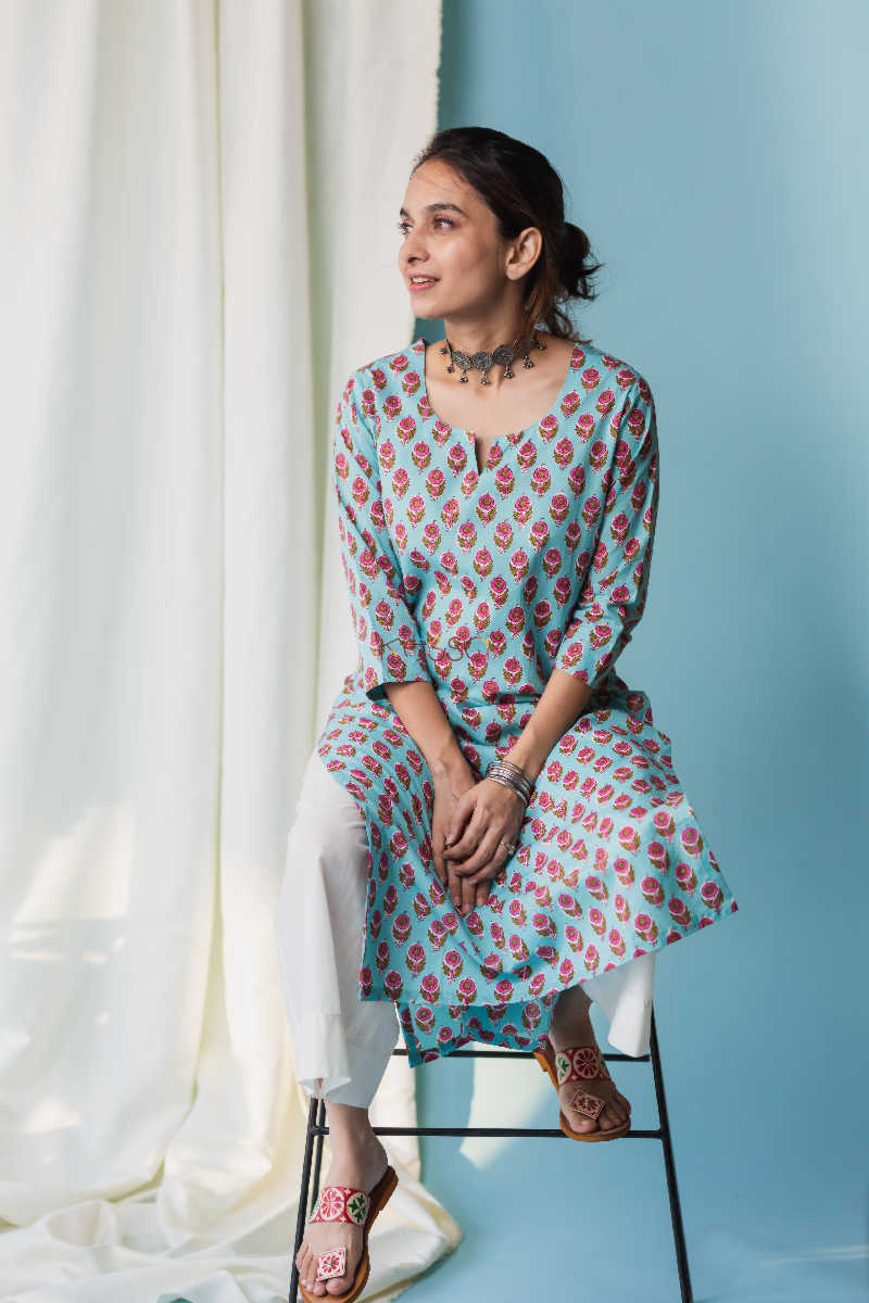 Image for Kusvaa Taf33 Glacier Blue Regular Kurta Sitting
