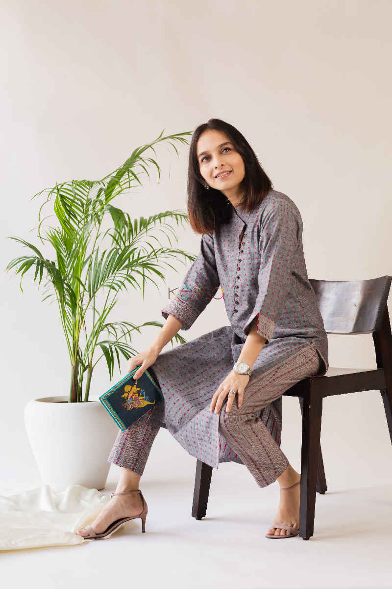 Image for Kusvaa Ws580 Soya Bean Straight Kurta With Pants Sitting