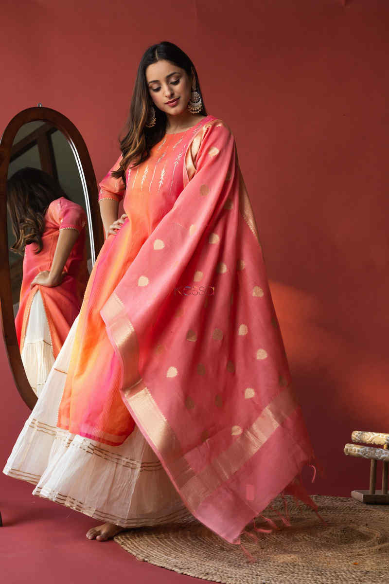 Image for Kusvaa Ws581 Pink Peach Chanderi Kurta Dupatta