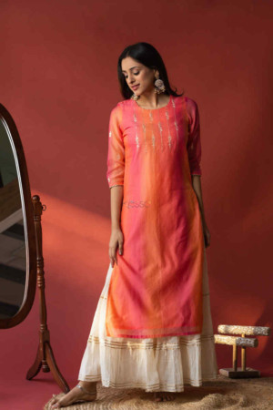 Image for Kusvaa Ws581 Pink Peach Chanderi Kurta Front