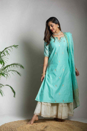 Image for Kusvaa Ws582 Shadow Green Chanderi Striaght Kurta Featured