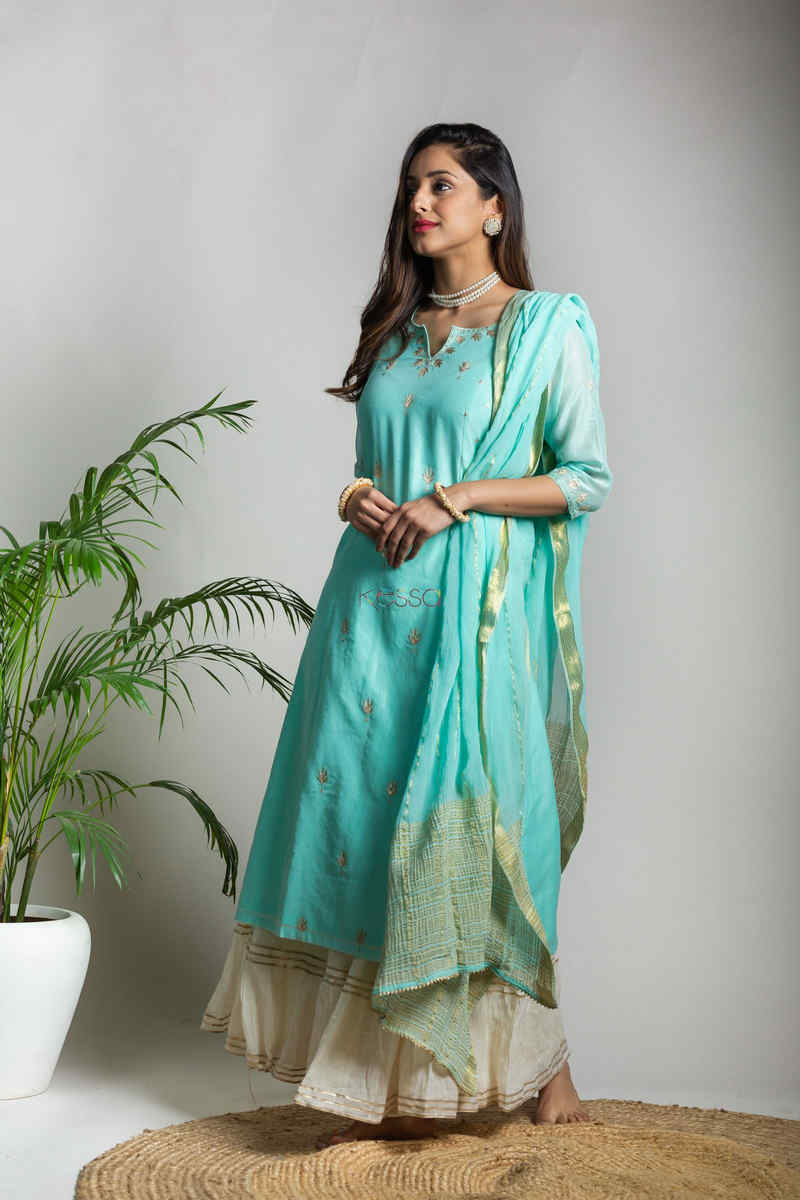 Image for Kusvaa Ws582 Shadow Green Chanderi Striaght Kurta Side