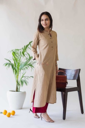 Image for Kusvaa Ws590 Mongoose Beige And Red South Cotton Kurta Featured