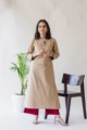 Image for Kusvaa Ws590 Mongoose Beige And Red South Cotton Kurta Front