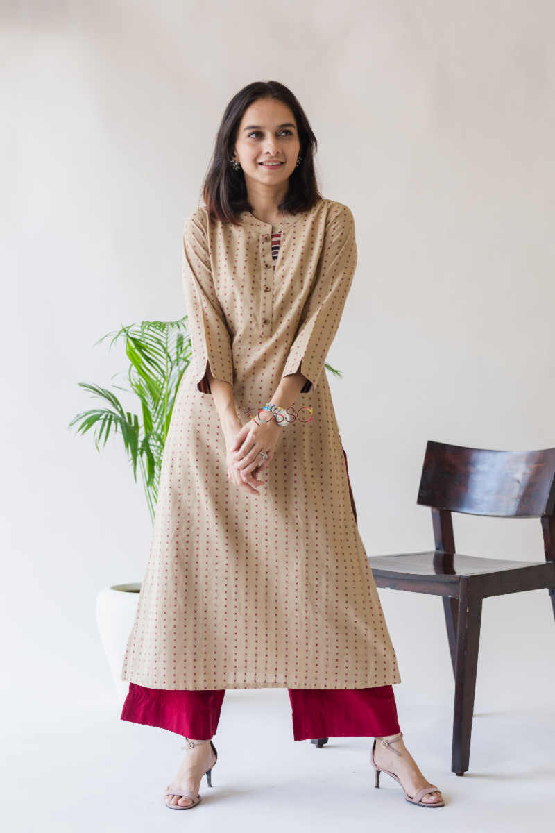 Image for Kusvaa Ws590 Mongoose Beige And Red South Cotton Kurta Look