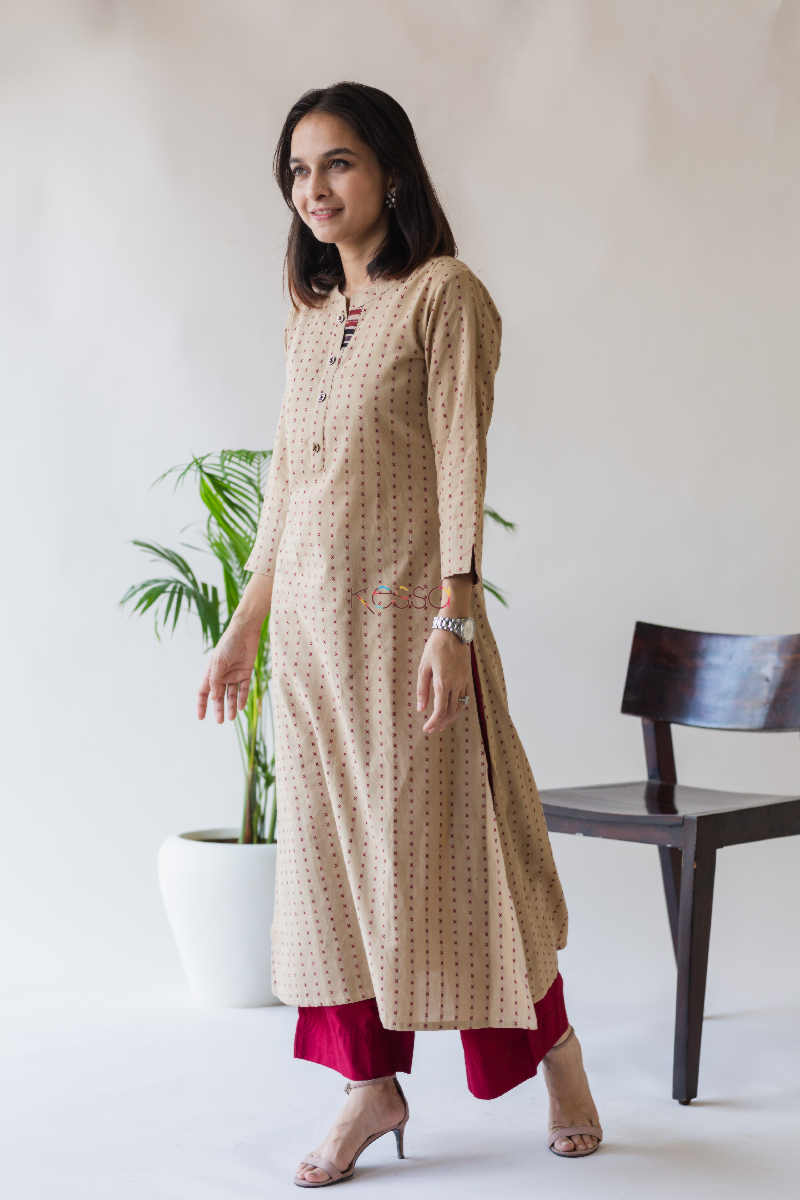 Image for Kusvaa Ws590 Mongoose Beige And Red South Cotton Kurta Side