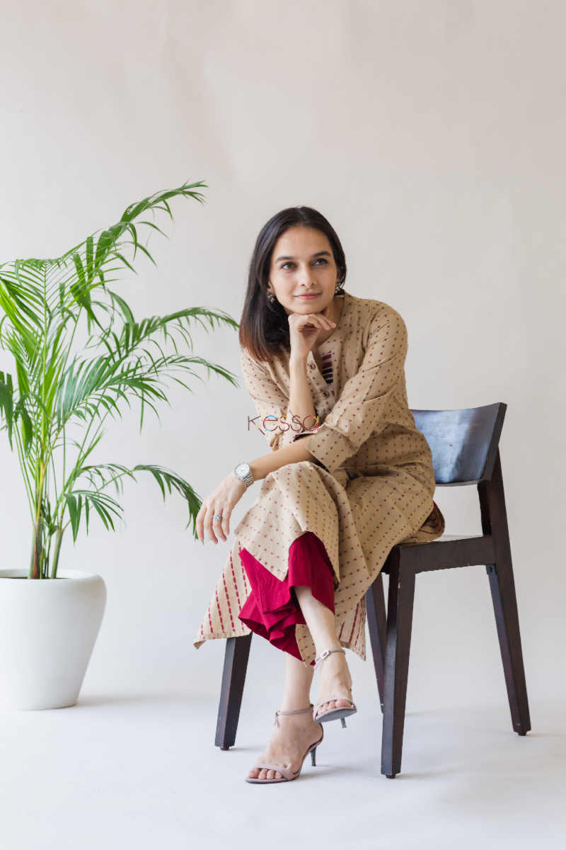 Image for Kusvaa Ws590 Mongoose Beige And Red South Cotton Kurta Sitting
