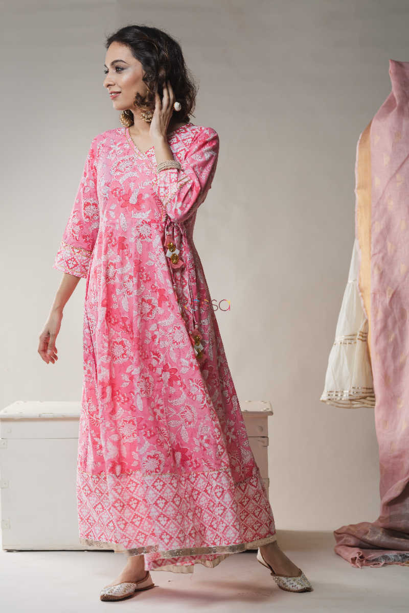 Image for Kusvaa Ws592 Shades Pink Block Print Kalidaar Kurta 1 1side
