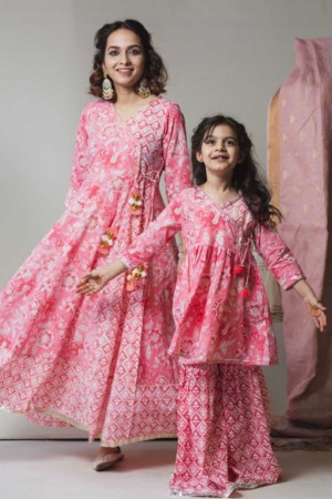 Image for Kusvaa Ws592 Shades Pink Block Print Kalidaar Kurta 1 Featured