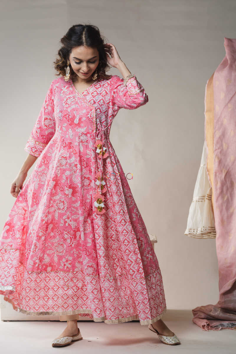 Image for Kusvaa Ws592 Shades Pink Block Print Kalidaar Kurta 1 Front