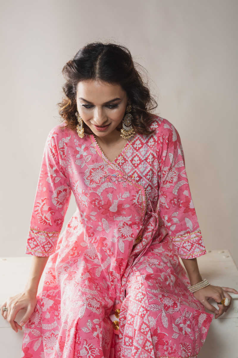 Image for Kusvaa Ws592 Shades Pink Block Print Kalidaar Kurta 1 Sitting