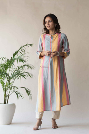 Image for Kusvaa Ws593 Peach Yellow Pink Grey Straight Fit Kurta Front