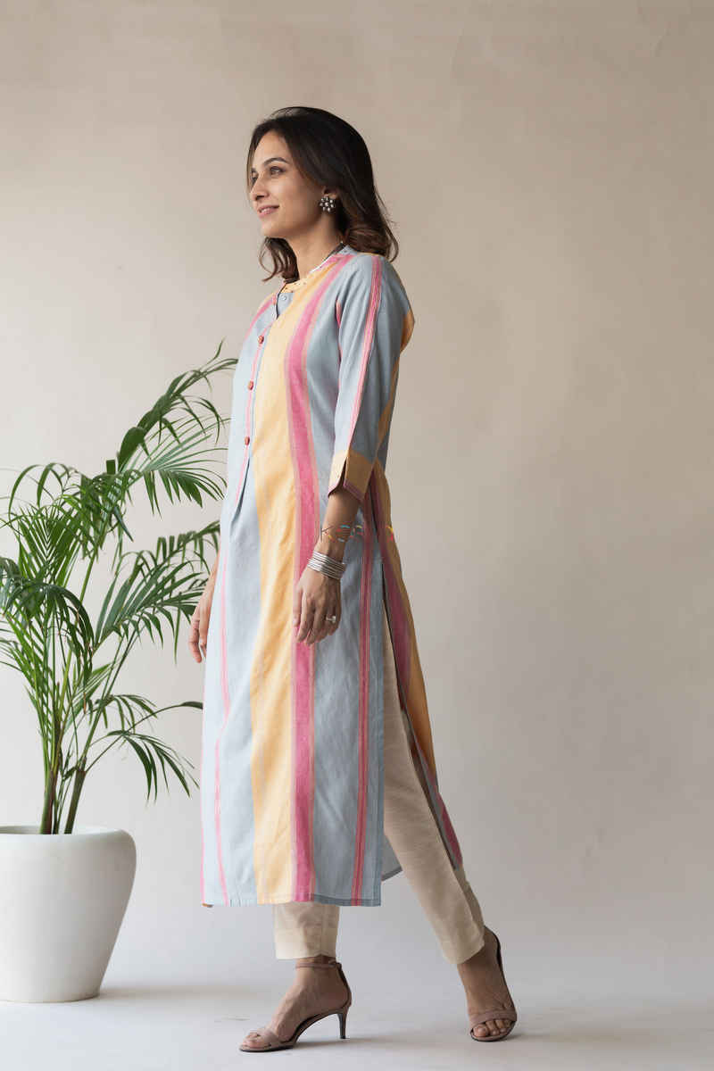 Image for Kusvaa Ws593 Peach Yellow Pink Grey Straight Fit Kurta Side
