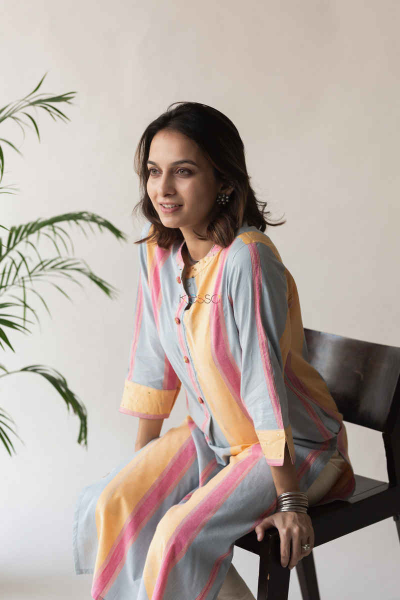 Image for Kusvaa Ws593 Peach Yellow Pink Grey Straight Fit Kurta Sitting