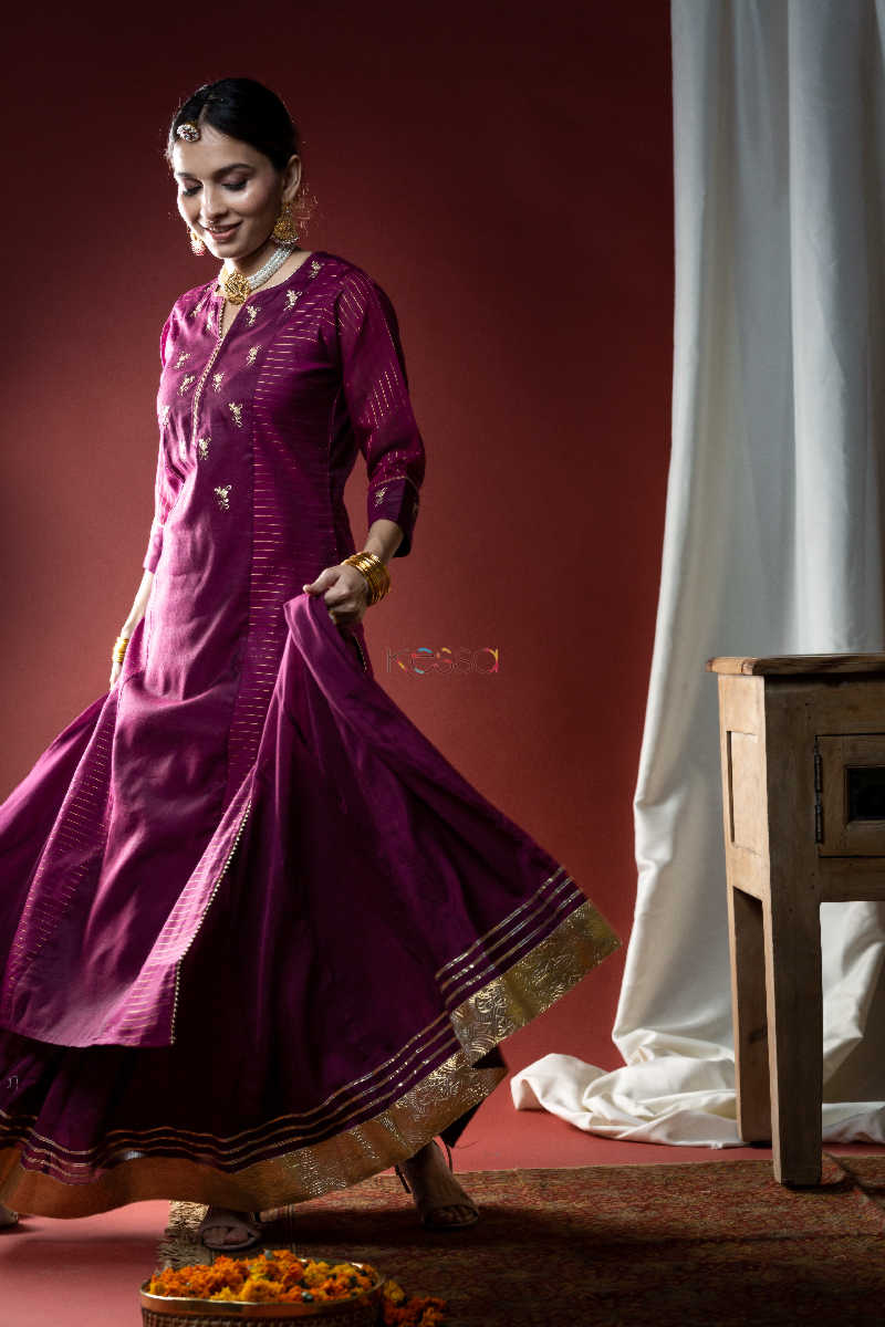 Image for Kusvaa Ws594 Wine Chanderi Straight Fit Kurta 1 Look 1