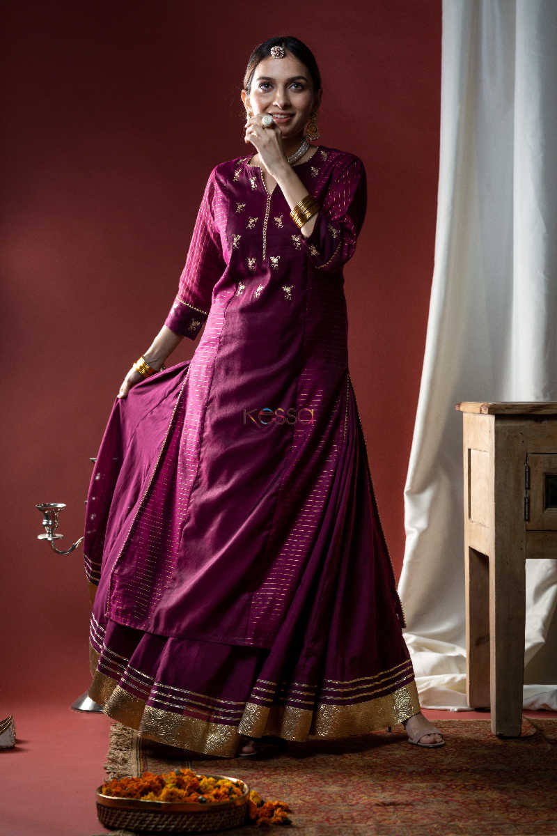 Image for Kusvaa Ws594 Wine Chanderi Straight Fit Kurta 1 Look