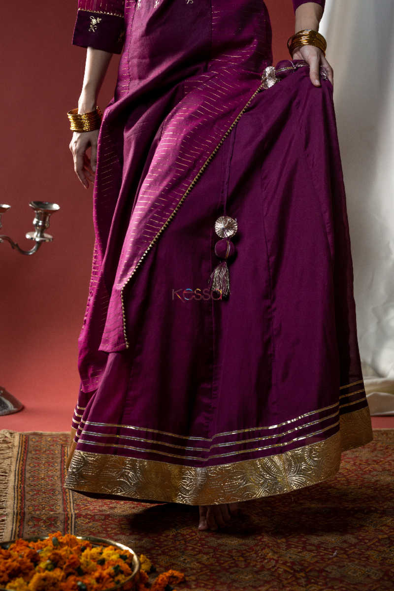Image for Kusvaa Ws594 Wine Chanderi Straight Fit Kurta Skirt 1