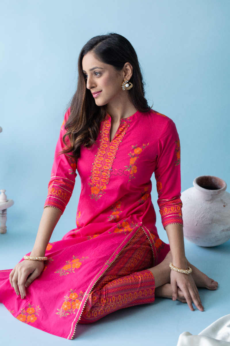 Image for Kusvaa Ws596 French Rose Kurta Pant Set Sitting 1