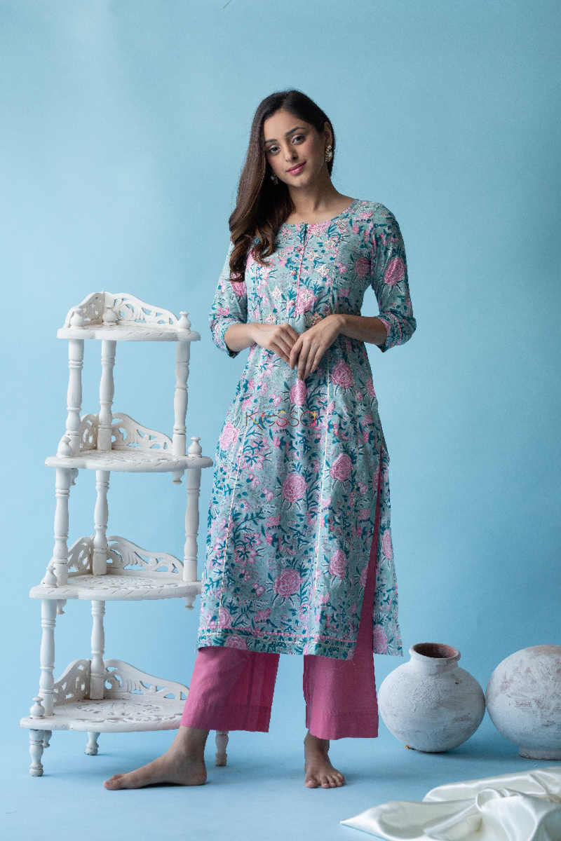 Image for Kusvaa Ws597 Aqua Island Blue Block Print Straight Fit Kurta Featured