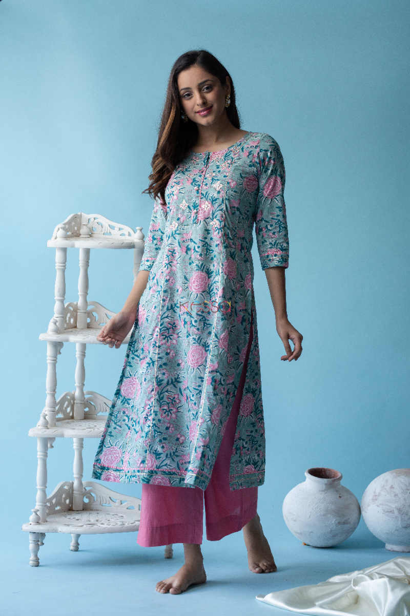 Image for Kusvaa Ws597 Aqua Island Blue Block Print Straight Fit Kurta Front 1
