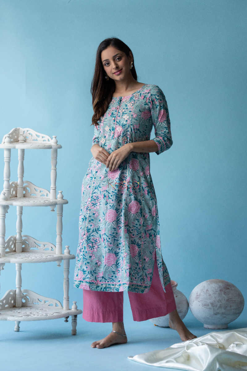 Image for Kusvaa Ws597 Aqua Island Blue Block Print Straight Fit Kurta Look 1