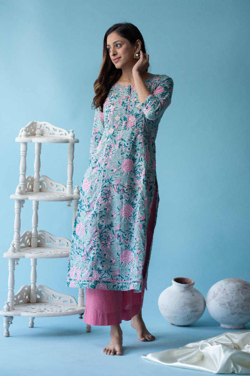 Image for Kusvaa Ws597 Aqua Island Blue Block Print Straight Fit Kurta Look