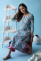 Image for Kusvaa Ws597 Aqua Island Blue Block Print Straight Fit Kurta Sitting 1