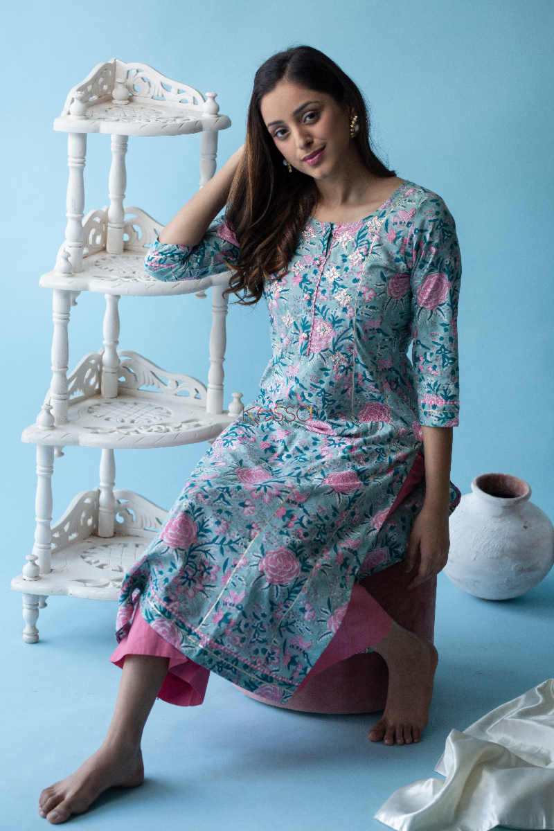 Image for Kusvaa Ws597 Aqua Island Blue Block Print Straight Fit Kurta Sitting 1