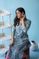 Image for Kusvaa Ws597 Aqua Island Blue Block Print Straight Fit Kurta Sitting