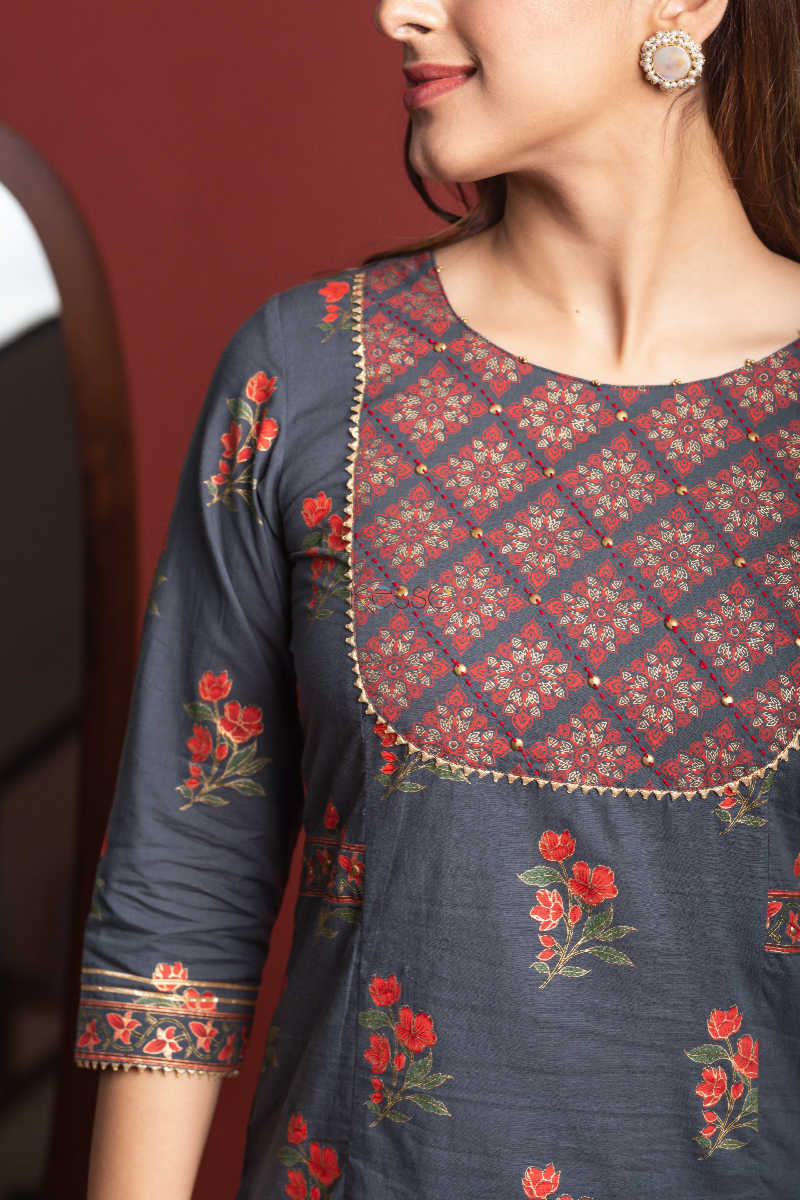 Image for Kusvaa Ws599 Tuna Grey Kurta Pant Set Closeup