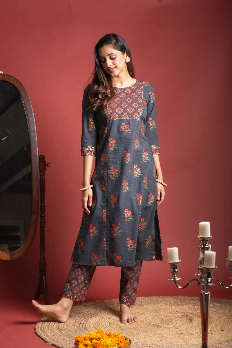 Image for Kusvaa Ws599 Tuna Grey Kurta Pant Set Featured