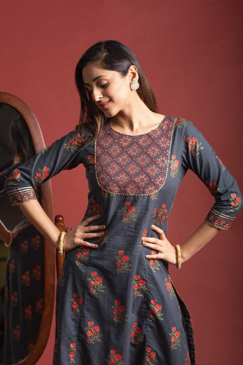 Image for Kusvaa Ws599 Tuna Grey Kurta Pant Set Look 1