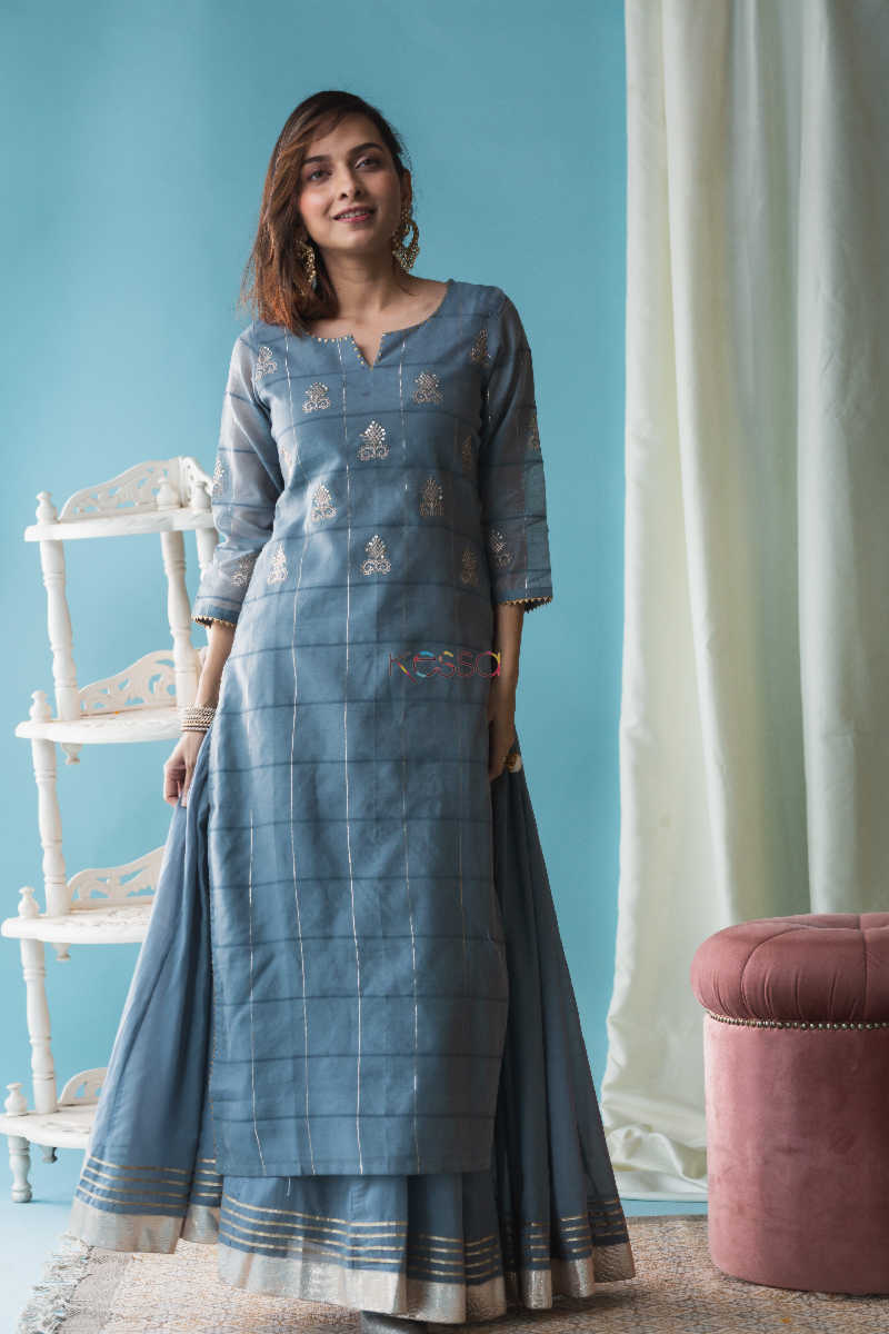 Image for Kusvaa Ws600 Oslo Grey Chanderi Straight Fit Kurta Front