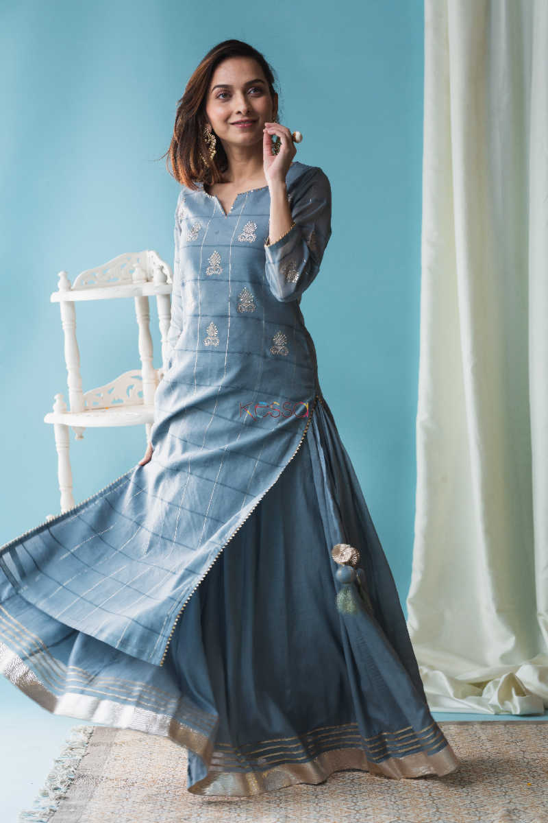 Image for Kusvaa Ws600 Oslo Grey Chanderi Straight Fit Kurta Side 1