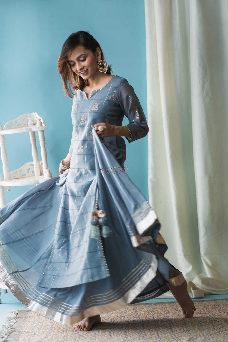 Image for Kusvaa Ws600 Oslo Grey Chanderi Straight Fit Kurta Side