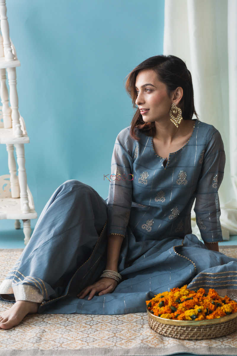Image for Kusvaa Ws600 Oslo Grey Chanderi Straight Fit Kurta Sitting 1