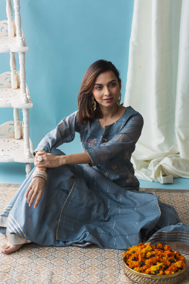 Image for Kusvaa Ws600 Oslo Grey Chanderi Straight Fit Kurta Sitting