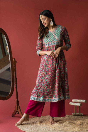 Image for Kusvaa Wsr129 Persian Plum A Line Block Print Kurta Featured