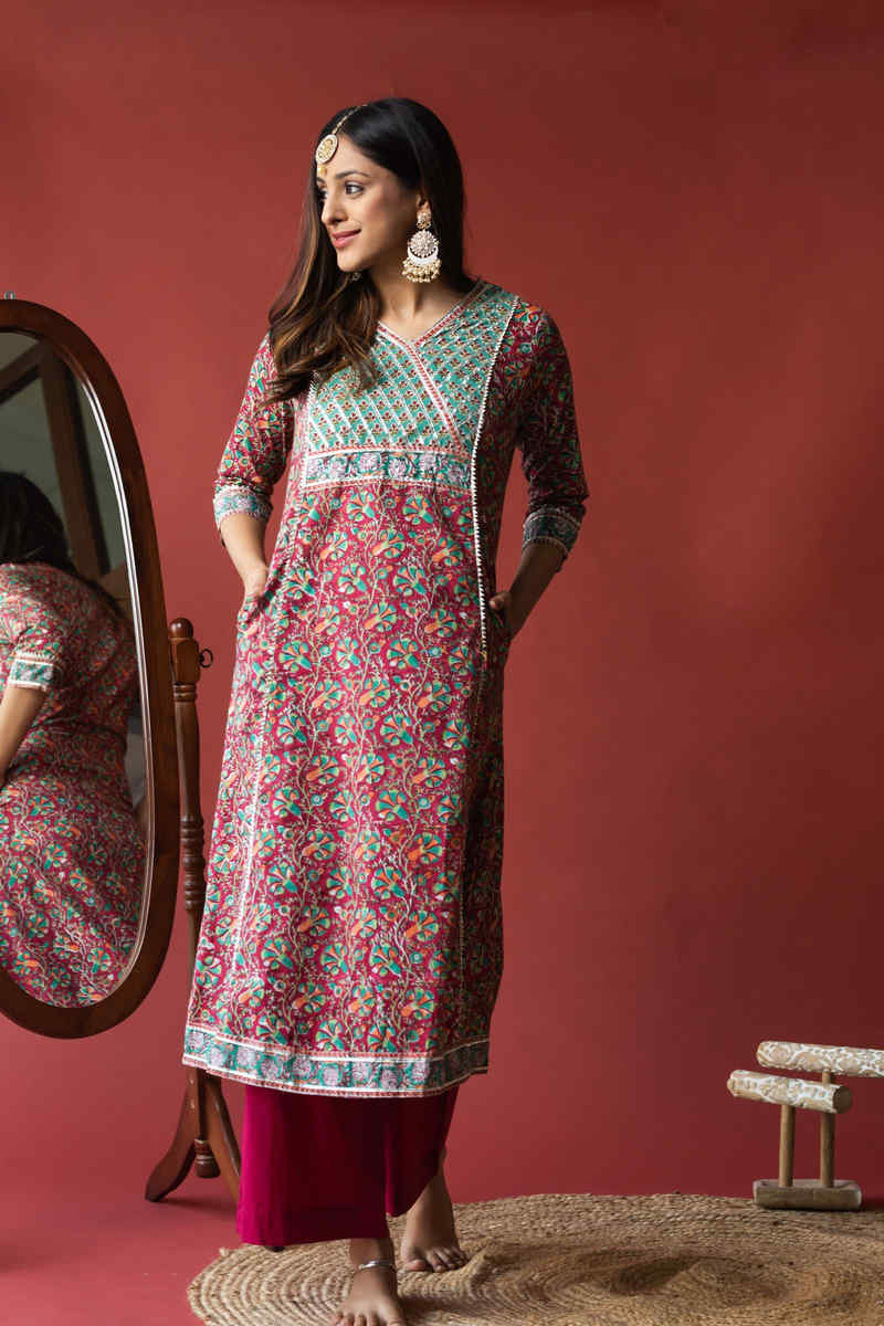Image for Kusvaa Wsr129 Persian Plum A Line Block Print Kurta Pocket