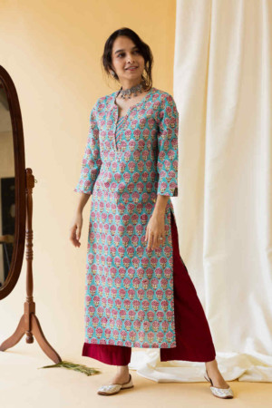 Image for Kusvaa Wsr132 Oxley Blue Red Block Print Kurta Feaatured