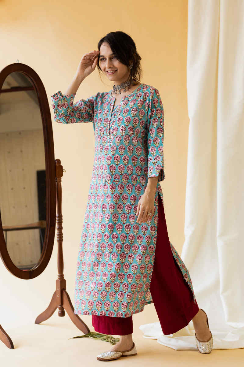 Image for Kusvaa Wsr132 Oxley Blue Red Block Print Kurta Side