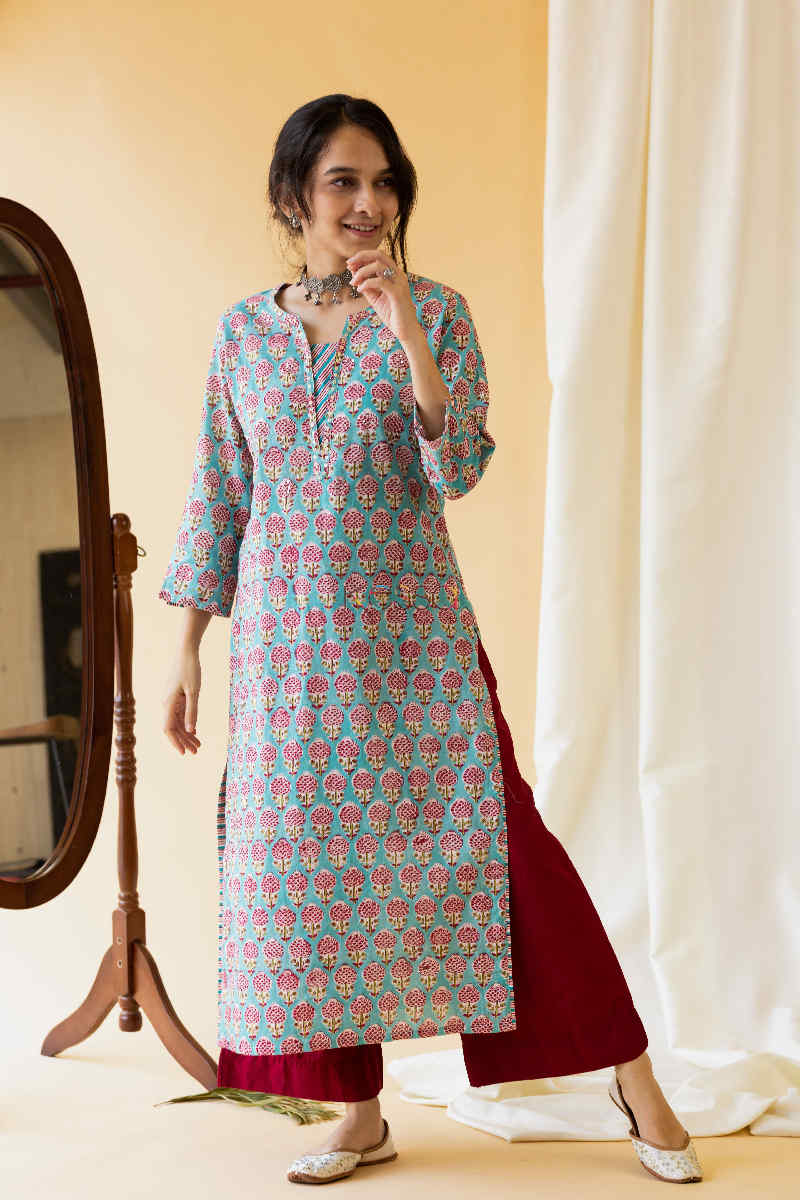 Image for Kusvaa Wsr132 Oxley Blue Red Block Print Kurta