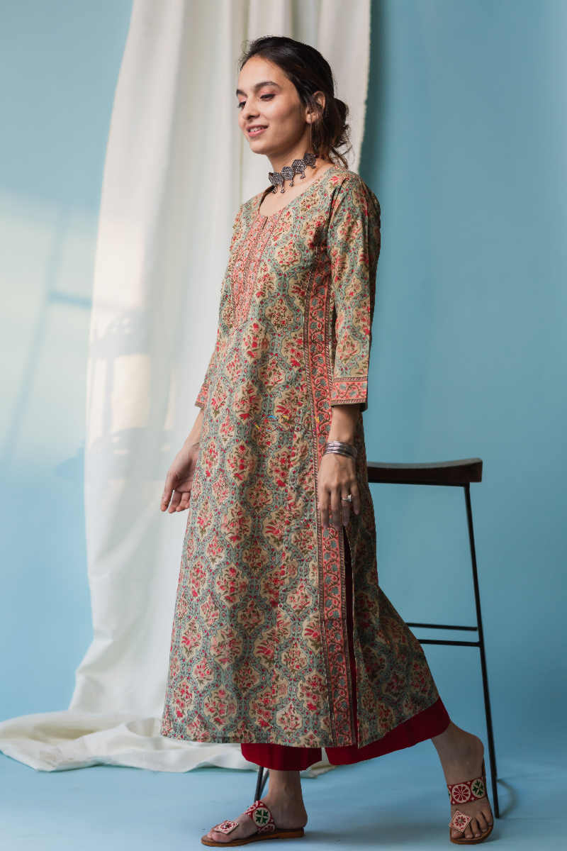 Image for Kusvaa Wsr135 Willow Grove Ethnic Block Print Kurta Side