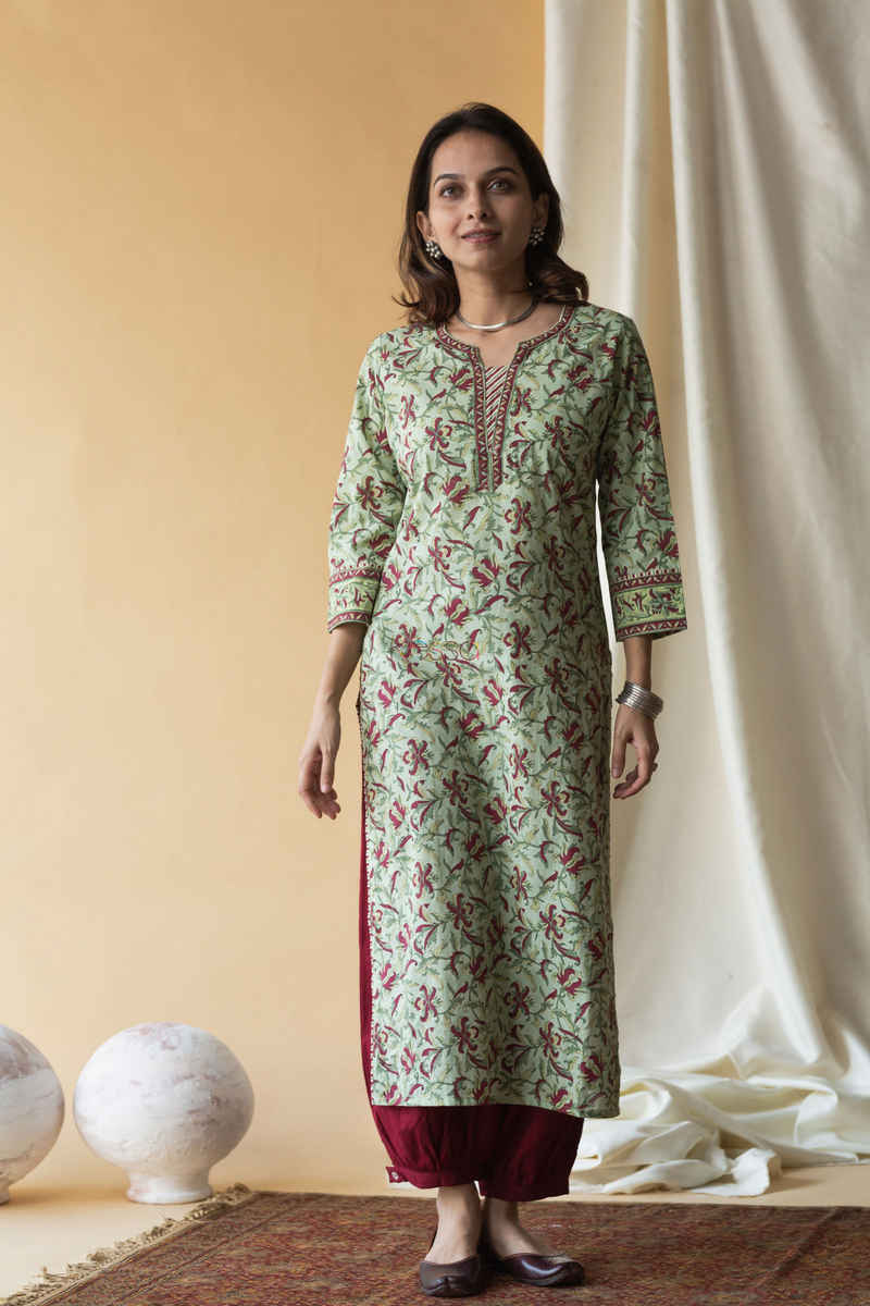 Image for Kusvaa Wsr136 Swamp Green Block Print Straight Fit Kurta Featured