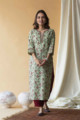 Image for Kusvaa Wsr136 Swamp Green Block Print Straight Fit Kurta Front
